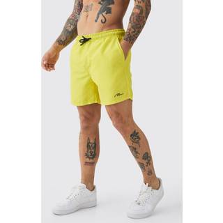 Mens Neon-Yellow Man Signature Mid Length Swim Shorts