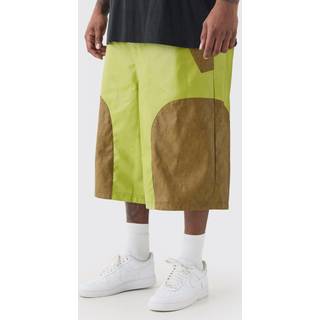 Mens Green Plus Fixed Waist PU Colour Block Longline Shorts