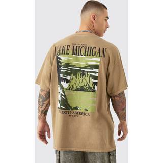Mens Light Khaki Oversized Washed Lake Michigan Back Printed T-shirt