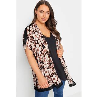 Yours Curve Yours Curve Black Black Floral Print Crochet Trim Kimono