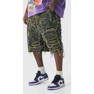 Mens Khaki Plus Relaxed Heavily Distressed Camo Longline Shorts