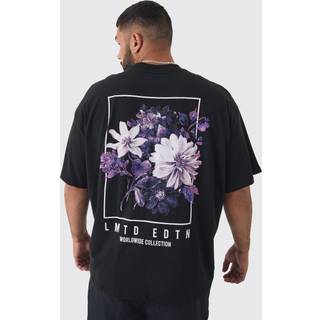 Mens Black Plus Oversized Floral Back Graphic T-shirt
