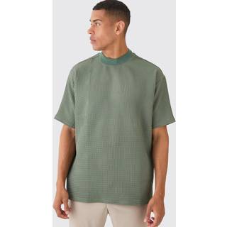 Mens Olive Oversized Waffle Extended Neck T-shirt