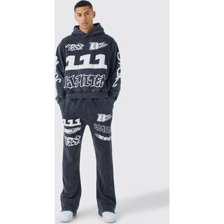 Mens Black Oversized Boxy Puff Print Wash Hooded Tracksuit