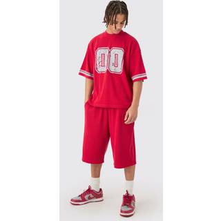 Mens Red Oversized Boxy Heavyweight Waffle Varsity T-shirt & Short Set