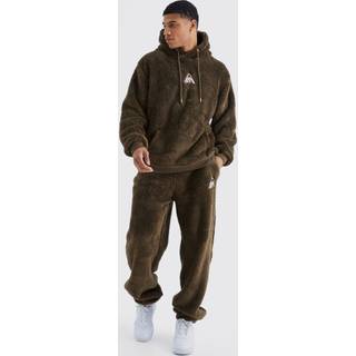 Mens Khaki Oversized Embroidered Borg Hooded Tracksuit