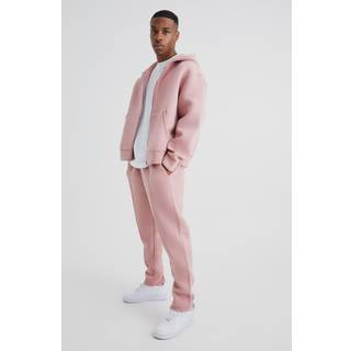 Mens Dusty Pink Oversized Boxy Zip Through Bonded Scuba Hooded Tracksuit