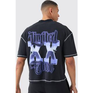 Mens Black Oversized Boxy Large Scale Limited Print Contrast Stitch T-shirt