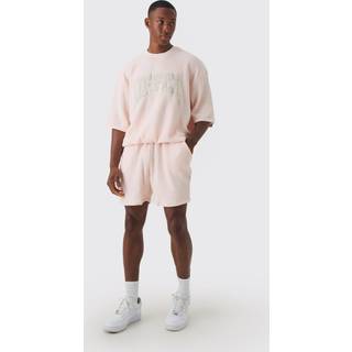 Mens Pastel Pink Oversized Boxy Heavy Jumbo Waffle Sweatshirt & Short Set