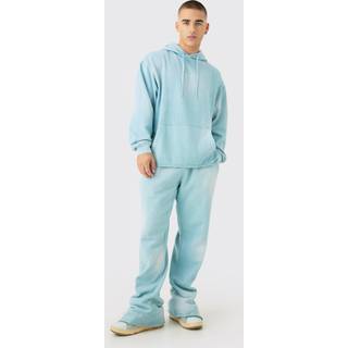 Mens Light Blue Man Embroidery Oversized Sun Bleached Wash Hooded Tracksuit