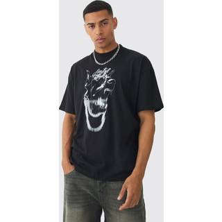 Mens Black Oversized Extended Neck Dog Graphic T-shirt