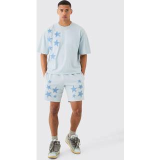 Mens Light Blue Oversized Acid Wash Denim Stars Applique T-shirt & Shorts Set