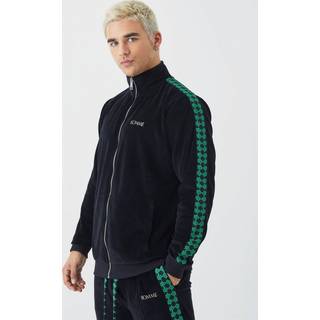 Mens Black Velour Zip Through Jacquard Tape Track Top