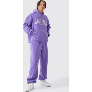 Mens Purple Oversized Boxy Worldwide Contrast Stitch Hooded Tracksuit