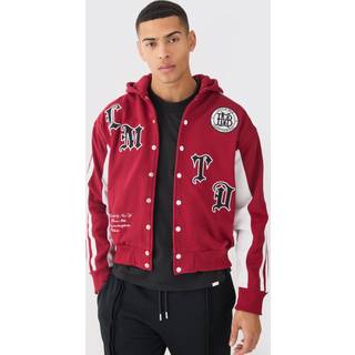 Mens Red Boxy Applique Tape Detail Jersey Varsity Jacket