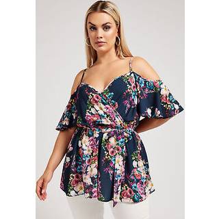 Yours Curve Yours LONDON Curve Navy Blå Blomster Tryk Cold Shoulder TopEU 48 (UK 20)