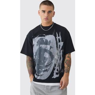 Mens Black Oversized Extended Neck Graphic Faux Layer T-shirt