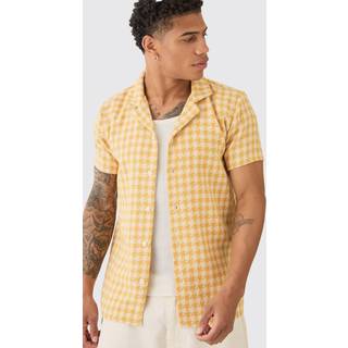 Mens Mustard Short Sleeve Linen Look Houndstooth Shirt