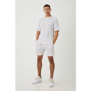 Mens Cornflower Blue Regular Fit Waffle Stripe T-shirt & Shorts Set