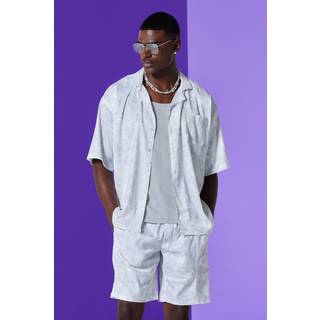 Mens Boxy Satin Revere Collar Print Shirt And Short Set In White