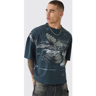 Mens Grey Oversized Boxy Butterfly Print Washed Raw Edge T-shirt