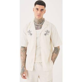 Mens Tall Linen Embroidered Drop Revere Shirt In Natural