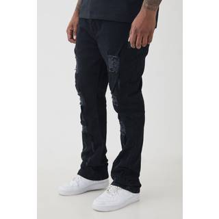 Mens True Black Plus Distressed Multi Ripped Skinny Flared Jeans