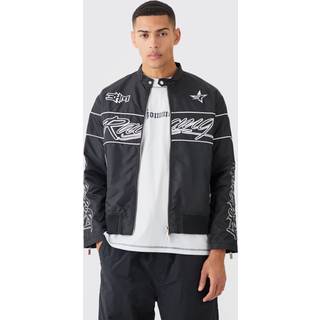 Mens Black Boxy Nylon Collarless Moto Jacket
