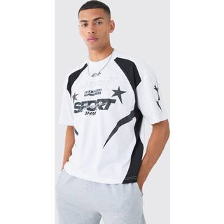Mens White Oversized Boxy Moto Print Extended Neck T-shirt