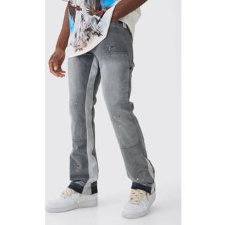 Mens Grey Slim Rigid Flare Paint Splatter Gusset Carpenter Jeans