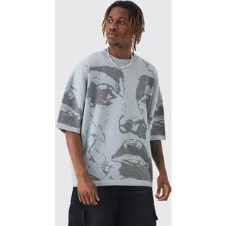 Mens Grey Tall Oversized Line Drawing Knitted T-shirt