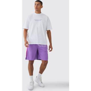 Mens Purple Oversized Extended Neck Raw Hem Script T-shirt & Mesh Short Set