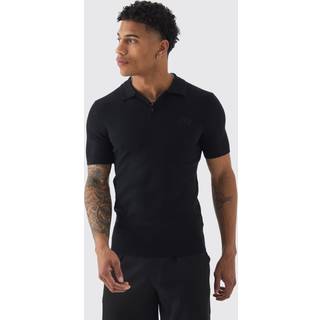 Mens Black Muscle Fit Man Branded Knitted Polo