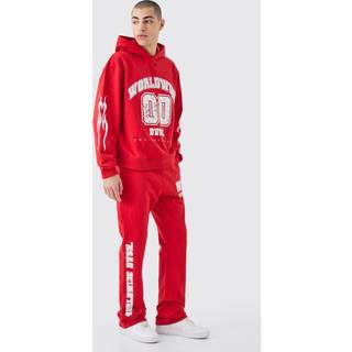 Mens Red Oversized Boxy Worldwide Varsity Hooded Tracksuit