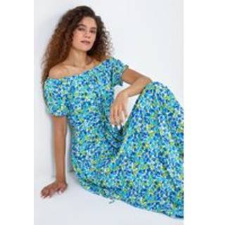 Roman Roman Blue Lace-Up Detail Floral Print Bardot Dress