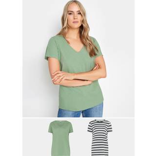 Lts Tall 2 Pack Green & Grey Stripe Tshirt 18 Lts | Tall Women's Basic Tops