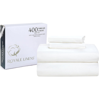 Royale senget?j 400 tr?dantal 100% amerikansk dyrket bomuld 4 stykke Sateen King Sheet Set - 1 monteret ark 1 fladt ark 2 Pillow Case - White Kin