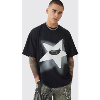 Mens Black Oversized Extended Neck Star Applique Graphic T-shirt