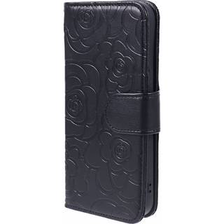iPhone 15 Læder Flip Cover m. Pung og Strop - Kamelia Blomst - Sort