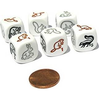 Koplow -spil S?t med 6 skovv?sener 16 mm D6 Animal Dice - Hvid med flerfarvetter