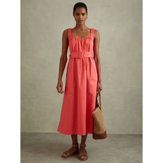 Reiss Reiss Liza Cotton Ruched Strap Med bælte Midi Kjole - EU 42 (UK 14)