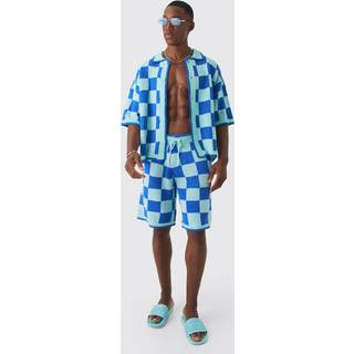 Mens Blue Oversized Boxy Open Stitch Checked Shirt & Short Set With Metal Tab