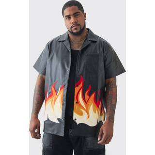 Mens Black Plus PU Flame Print Shirt