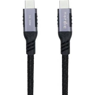 NÖRDIC 1,5m USB3.2 Gen1 USB-C til C nylonflettet kabel hurtigopladning 3A 5Gbps Strømforsyning PD 60W