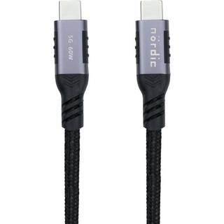 NÖRDIC 25 cm USB3.2 Gen1 USB-C til C nylonflettet kabel hurtig opladning 3A 5Gbps Strømforsyning PD 60W