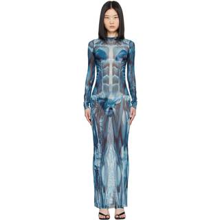 Ecorche Mesh Printed Long Dress in Blue & White - XS