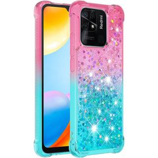 SKALO Xiaomi Redmi 10C Kvicksand Glitter Hjerter TPU Cover - Pink-Turkis
