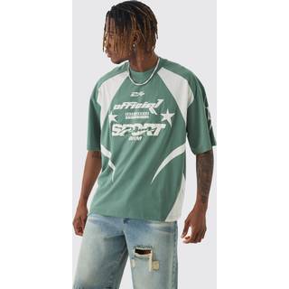 Mens Green Tall Oversized Boxy Puff Print Moto Extended Neck T-shirt