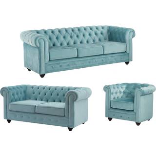 3-personers og 2-personers sofaer og lænestol i pastelblå velour CHESTERFIELD