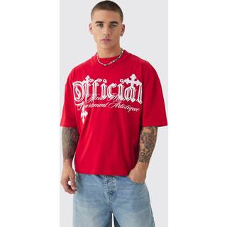 Mens Red Oversized Boxy Cross Applique Distressed T-shirt